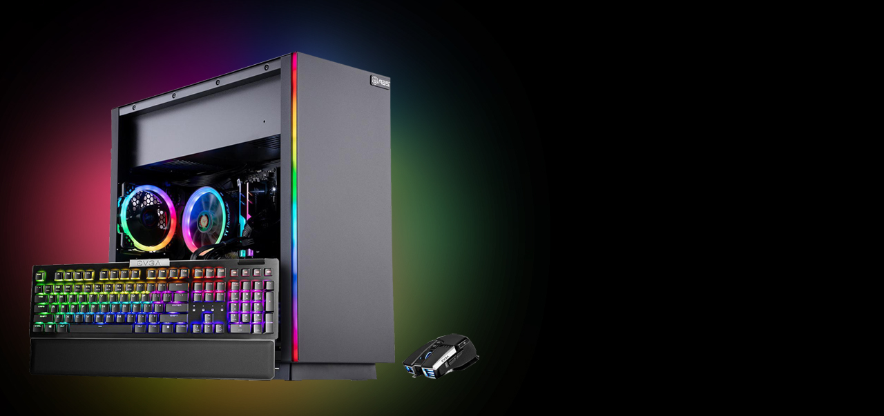 An ABS Gladiator Gaming PC tilted to the right is illuminating ARGB light.